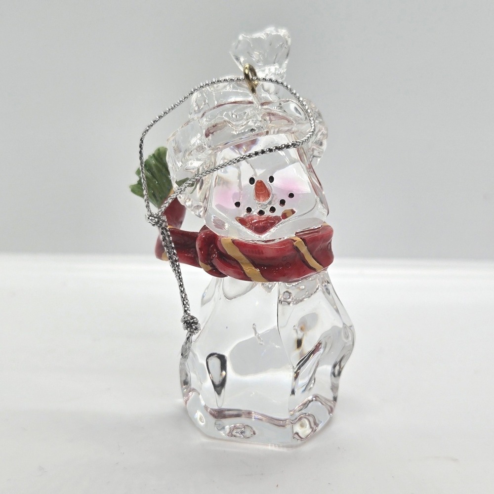 Vintage Clear Glass Snowman Figurine Ornament Red Scarf Handpainted